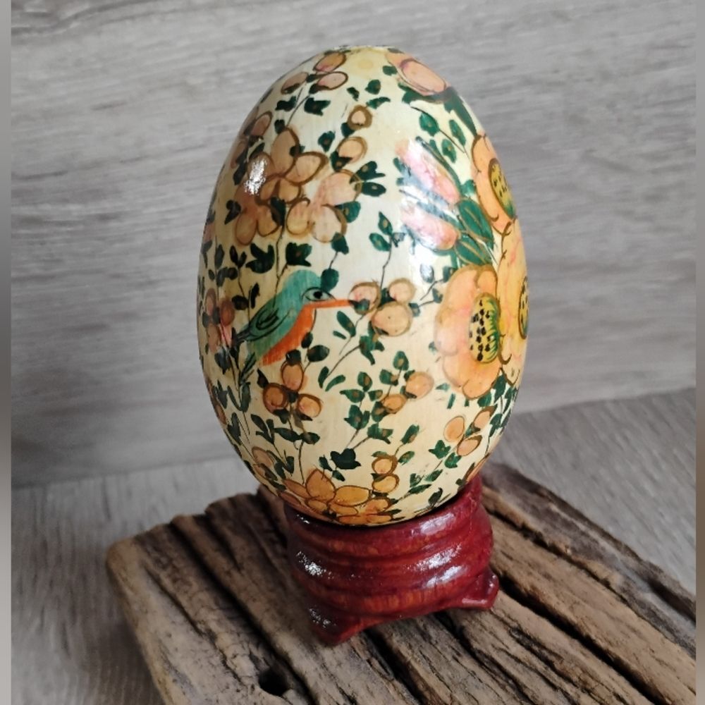 Vintage Wooden Hand painted Egg Glossy Finish Flowers & Birds Asian Decor